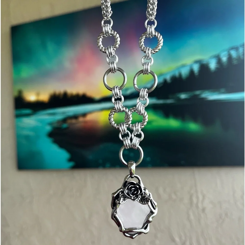 Stainless steel necklace double chain light pink rose quartz gemstone rose charm - Picture 2 of 9